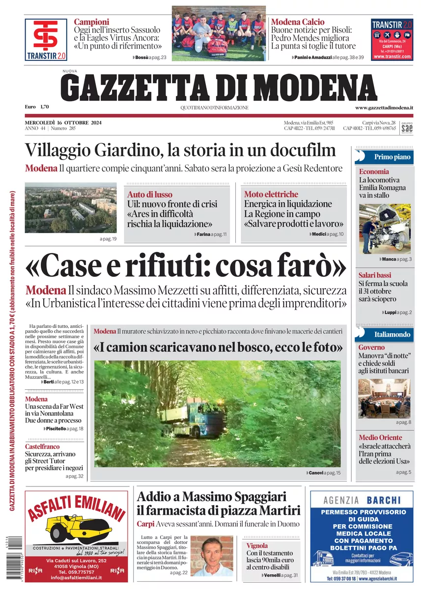 Prima-pagina-gazzetta di modena-oggi-edizione-del-2024-10-16